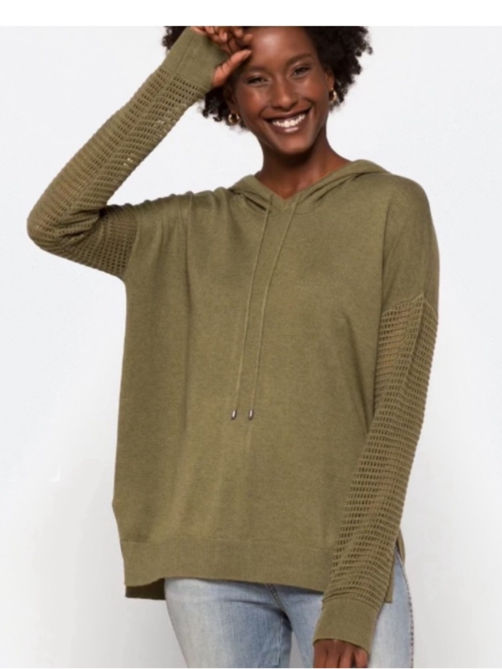 Stitches & Stripes Olive Hooded Knit Sweater XL Crochet Sleeve Pullover
